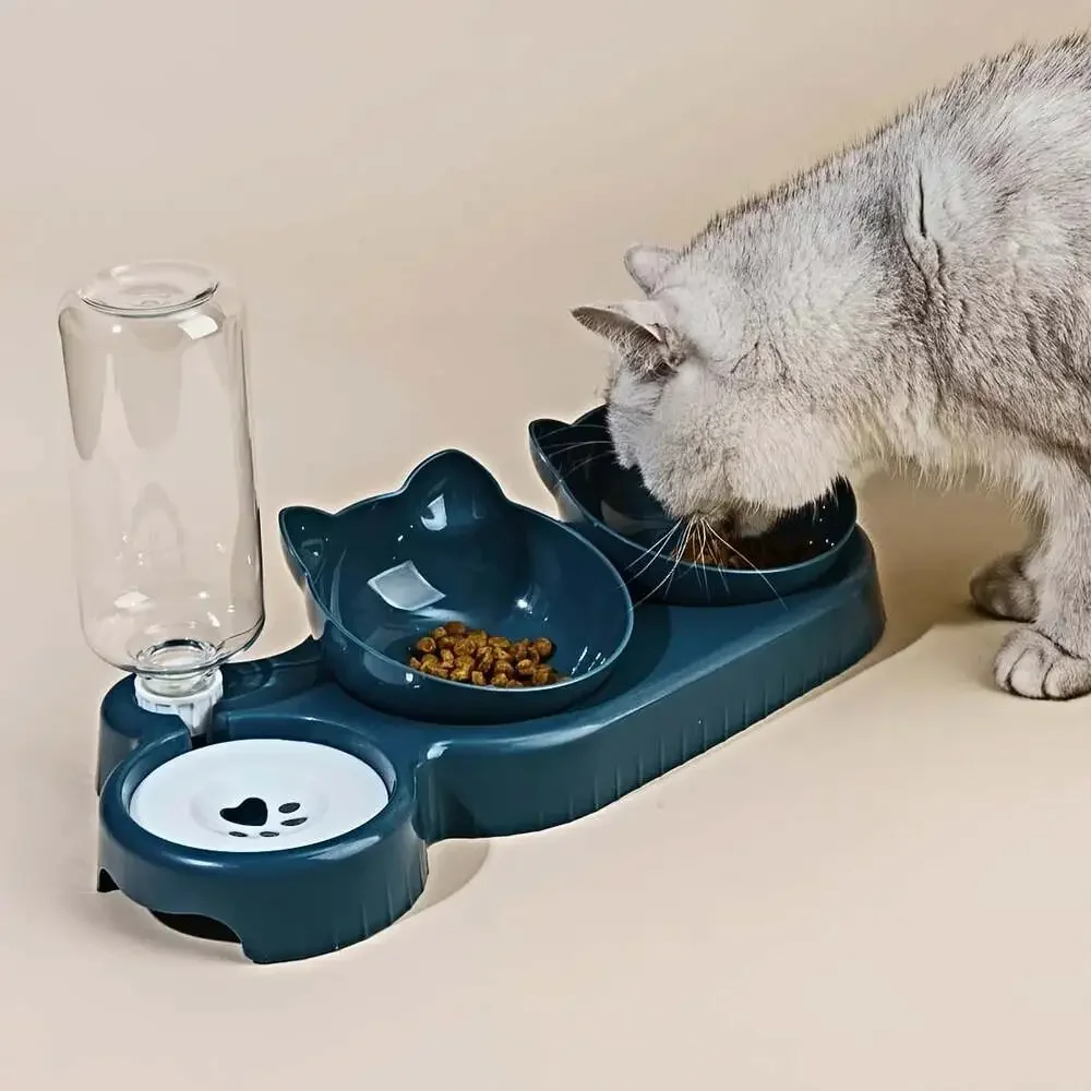 Pet Bowls with Water Feeder, 3 in 1 Ear Design Tilted Cat Water and Food Bowl Se